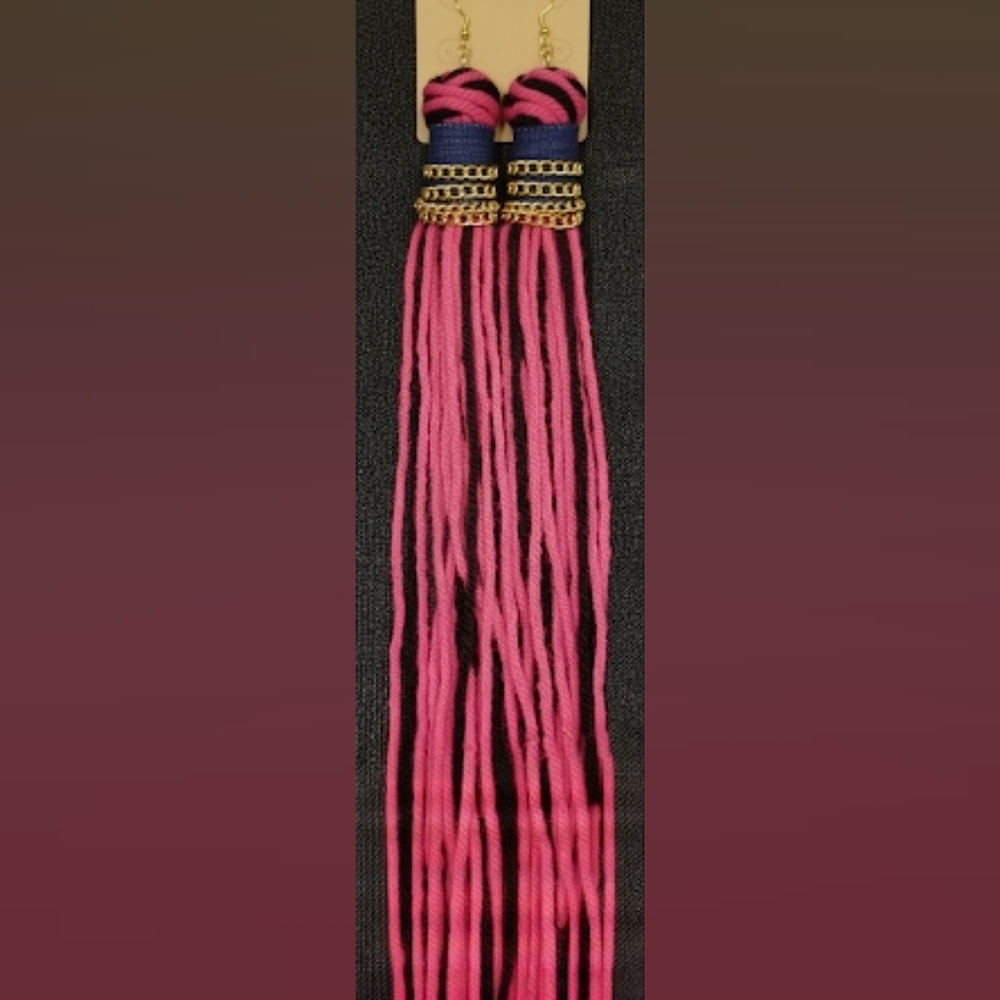 Chic Pink and Black Denim Jean Long Earrings